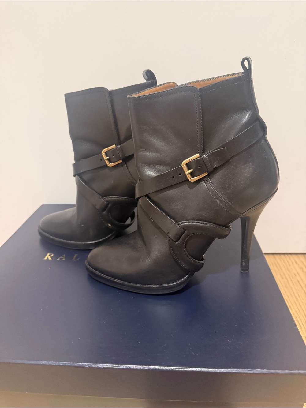 Ralph Lauren Collection Black Leather Buckle-Strap Stiletto Ankle Boots